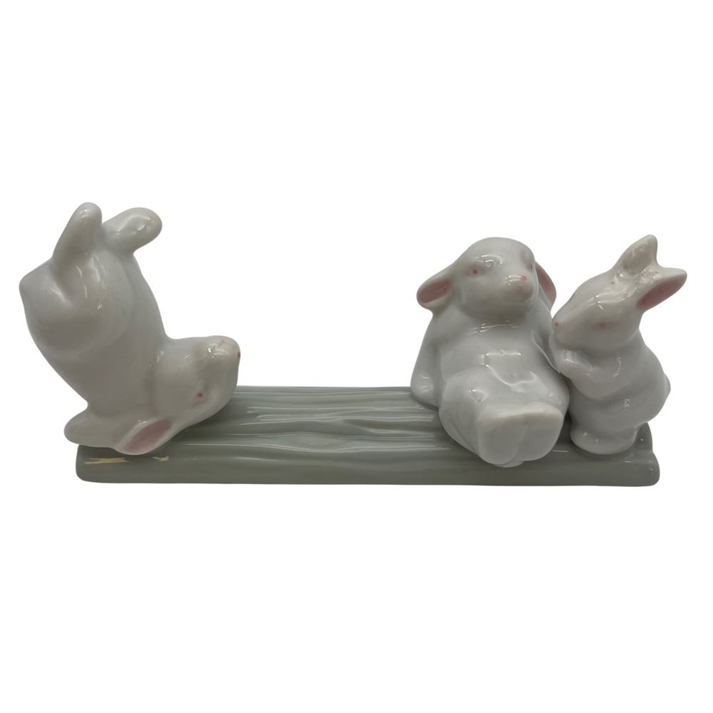 Unbranded Porcelain Three Bunnies on Log Figurine Small White Green Glossy Decor